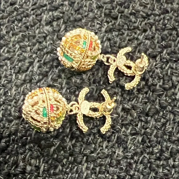 CHANEL Gold-Tone Double C Drop Earrings with Multicolor Enamel and Pearl Accents - Picture 8 of 15